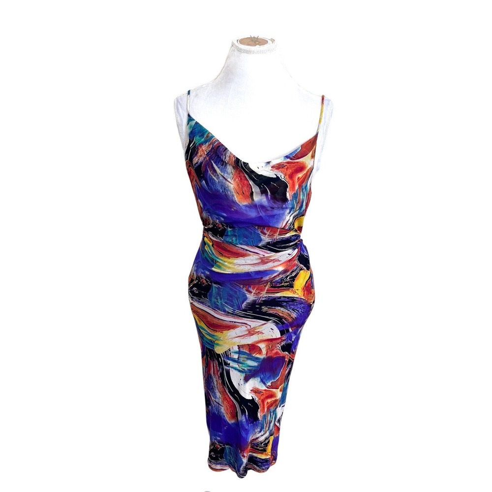 Mesh Open Back Womens Abstract Artsy Cowl Neck Slip Midi Dress Size L Romantic